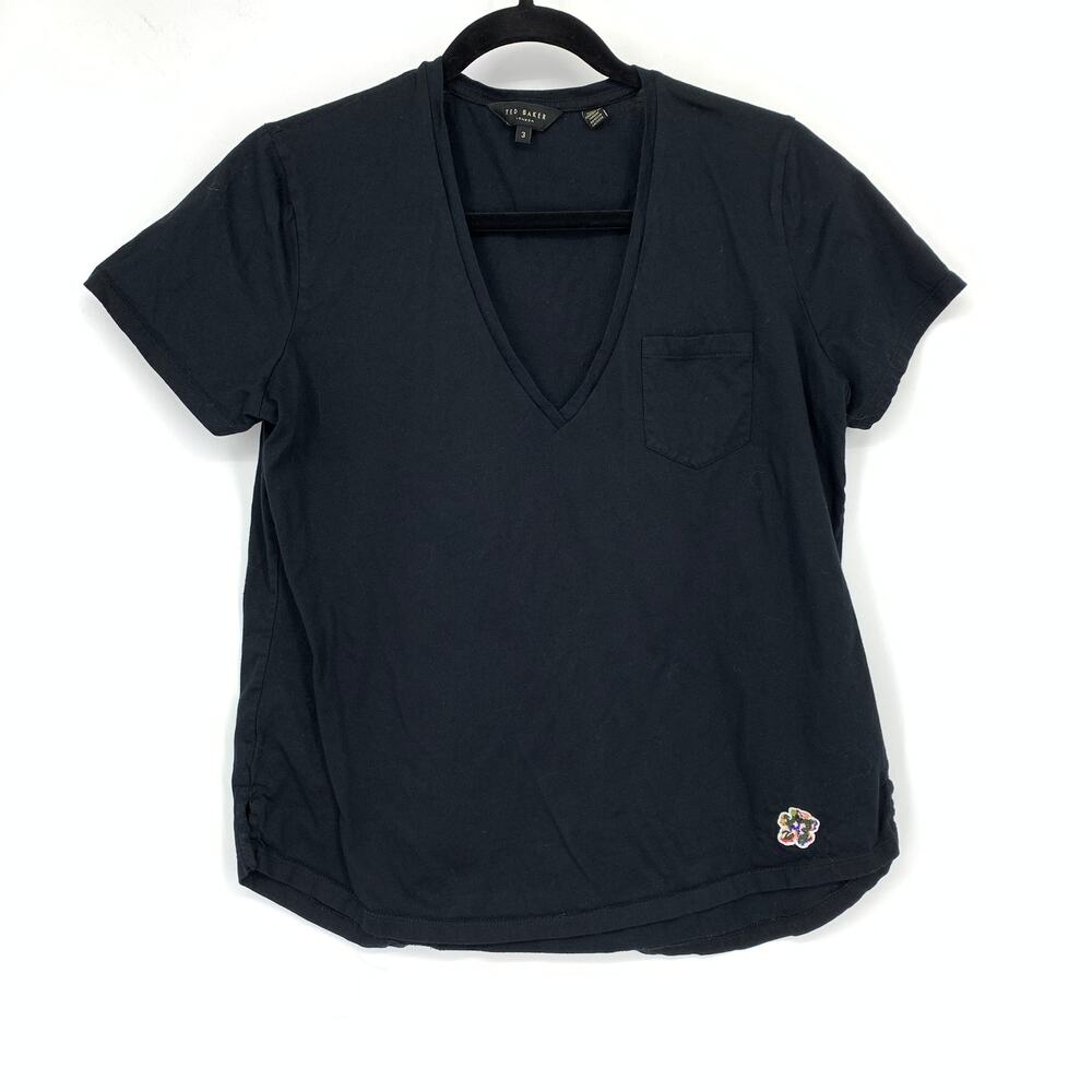 Ted Baker Lovage Short Sleeve T-Shirt Womens Size 3 US L V-Neck Black Easy Fit